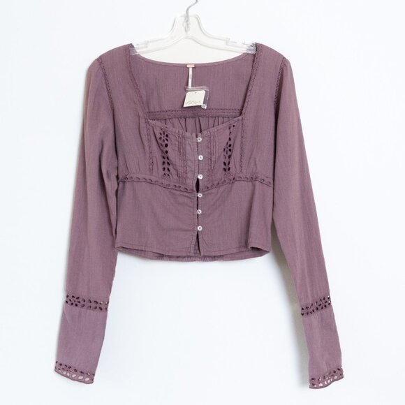 Free People Eyelet Cropped Blouse Peasant Boho Mauve Roan Rouge Joi - Picture 2 of 13